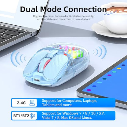 Wireless Bluetooth Mouse, Transparent BT+2.4G Dual-Mode Gaming Mouse with Magnetic Top Cover, Rechargeable RGB Backlit Computer Mouse for Laptop, PC, MacBook, iPad (Blue) - color: Blue