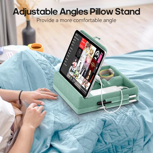 KDD Tablet Pillow Stand with Storage, Foldable iPad Holder for Bed, Lap and Desk, Angle Adjustable Soft Pad Dock with Stylus Mount Compatible with iPad Pro 12.9, 11, Air, Mini, Phones, Books (Green) - color: Green