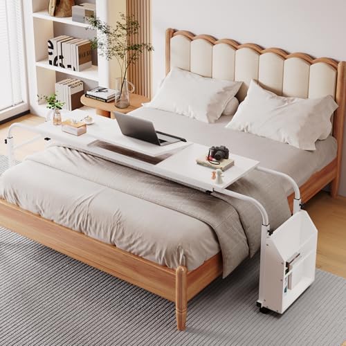 Overbed Table with Wheels,60.6-84.2 inches Mobile Bed Desk, White | Rolling Computer Desk with 0-65°Tilt Stand,4 Heights and 6 Lengths,Side Storage Basket,for Home,Office and Hospital - color: White
