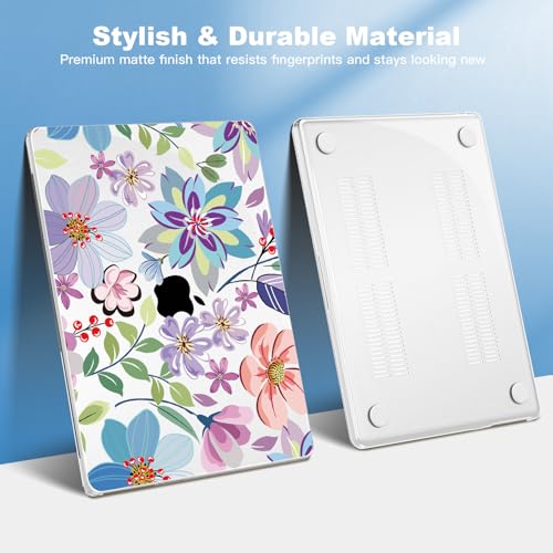Teryeefi Clear Case for M4/M3/M2 MacBook Air 13.6 inch 2025 2024 2022 Fit Model A3240/A3113/A2681, Laptop Hard Shell with Keyboard Cover Trackpad Film USB Adapter for MacBook Air 13 inch, Floral W104 - color: Purple Flower W104