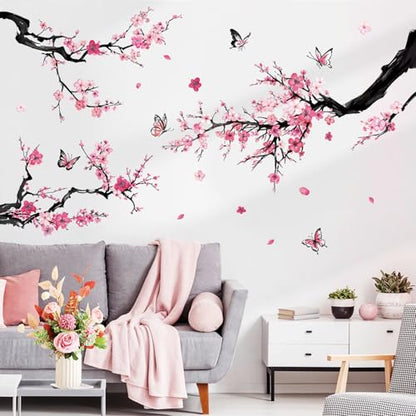Pink Butterflies and Botanical Plum Blossom Trees Wall Stickers Vinyl Wall Decals for Nursery Bedroom Living Room Bathroom - color: Pink Plum