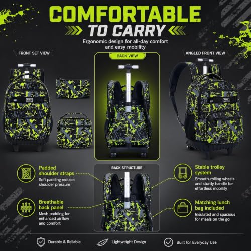 3Pcs Rolling Backpack for Boys, Men Roller Bag with Wheels for Adults, 19 Inche Graffiti Wheeled Bookbag with Lunch Box(Green) - color: Graffiti Green
