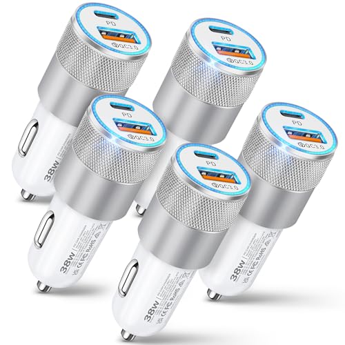 Car Charger, 5 Pack 38W Dual Ports USB-C & USB-A Cigarette Lighter Adapter | Fast Charging Car Phone Charger for iPhone 16e 16 15 14 13, Samsung S25 S24, Pixel Cargador para Carro Phone Plug for Car - color: 5-Pack White