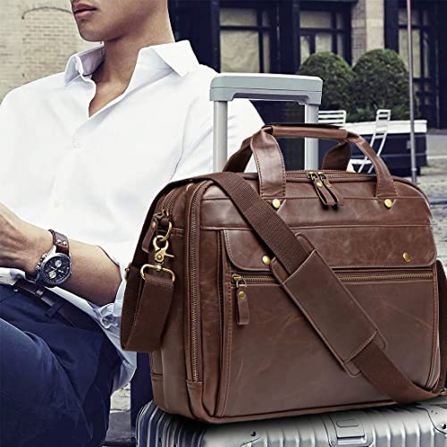 Bosidu Leather Briefcases for Men 15.6 Inch Laptop Messenger Bag with Triple Compartments Water-Resistant Computer Shoulder Bag for Business, Travel, Work, Office, Brown - color: Brown