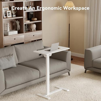 White 180° Tiltable Mobile Standing Desk, Overbed Table with Wheels, 25.6" - 40.5" Height Adjustable Bedside Table, Portable Rolling Computer Desk for Home Office, Hospital (White)