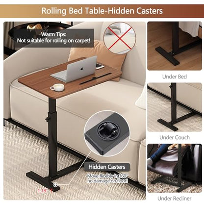 BeGyoku Overbed Table,Over The Bed Table with Hidden Wheels&Cup Holder,Adjustable Bedside Table and Rolling Table Tray&Laptop Cart,Hospital Table Over Bed for Home Use (Walnut) - color: Walnut