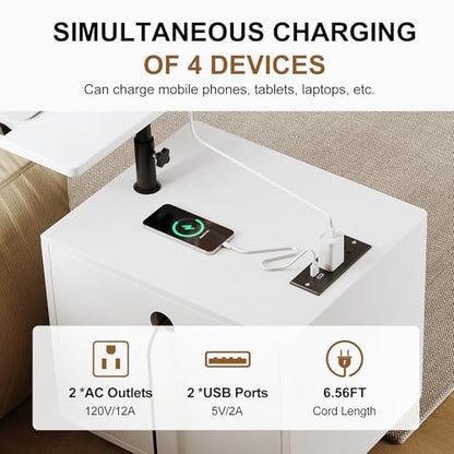 Bedroom Nightstand with Drawers & Charging Station, Adjustable Height Bedside Table with Wheels, Wooden Small Sofa Side Tables with Storage for Living Room, White - color: [A3] White