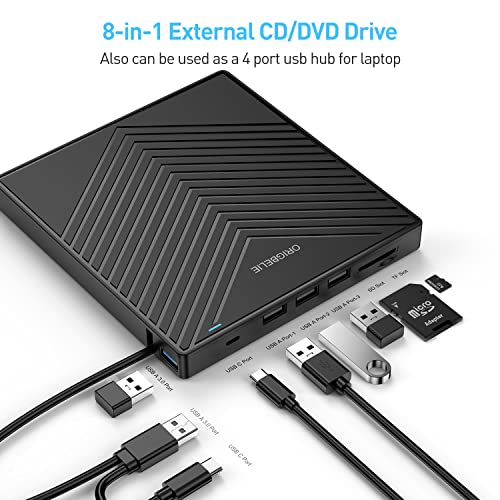 ORIGBELIE External CD DVD Drive, Ultra Slim CD Burner USB 3.0 with 4 USB Ports and 2 TF/SD Card Slots, Optical Disk Drive for Laptop Mac, PC Windows 11/10/8/7 Linux OS - size: 5.6" x 6" x 0.7"