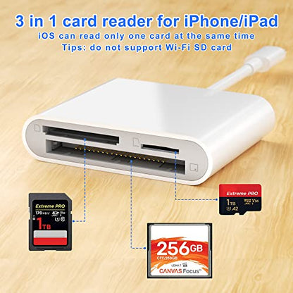 SZHAIYIJIN CF SD Card Reader for iPhone iPad, 3 in 1 Compact Flash Memory Card Reader Adapter, 3-Slot MicroSD CF SD Trail Game Digital Camera Viewer for iPhone 14/14 Pro/13/13 Pro No App Required - color: White/Grey