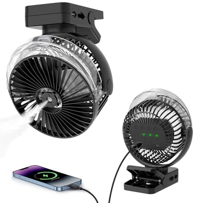 ELZO 12000mAh Clip on Fan, USB Desk Fan Rechargeable with Spray function | Hanging Hook & Magnetic & LED Light, Clip Fan Quiet 360° Rotation Portable for Desktop Stroller Office Tent Car RV