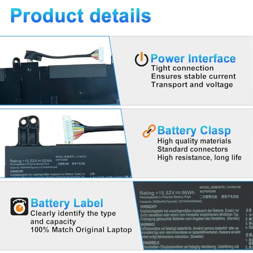 56Wh C41N2102 C41N2102-1 Battery Replacement for Asus ROG Flow Z13 GZ301 (2023) GZ301VV GZ301VU GZ301VF GZ301VV-MU013X GZ301VU-MU009X GZ301VF-MU010X NR2201 Series 0B200-04100000 - size: 10.23*3.34*0.28inch C41N2102
