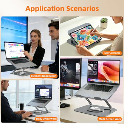 Adjustable Laptop Stand for Desk, Laptop Riser with 360 Rotating Base, Ergonomic Laptop Holder for Desk, Foldable Portable for Office & Home Compatible with MacBook Air Pro, Dell, HP (10-17.3'')