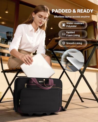 Puffer Rolling Laptop Briefcase Bag with Wheels For Women Work & Travel | Fits 16-Inch Computer Bag with Wheels, Water Resistant, TSA Friendly, 4 Pockets, Lockable Zippers, 3 Ways to Carry - color: Ribbed Black Purple