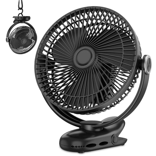 10000mAh 30hrs Portable Fan Rechargeable, 8-Inch Battery Operated Clip on Fan, USB Fans, 4 Speeds, Strong Airflow, Sturdy Clamp for Golf Cart Office Desk Outdoor Travel Camping Bed Truck Treadmill - color: Black