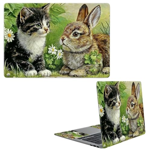Laptop Skin Sticker Decal, Universal Protective Cover Fit 12 13 14 15.6 Inch Notebook, Reusable Water-Resistant Vinyl Decal w/ 2 Wrist Pads for Business Travel Office, Cat Rabbit - color: Cat Rabbit