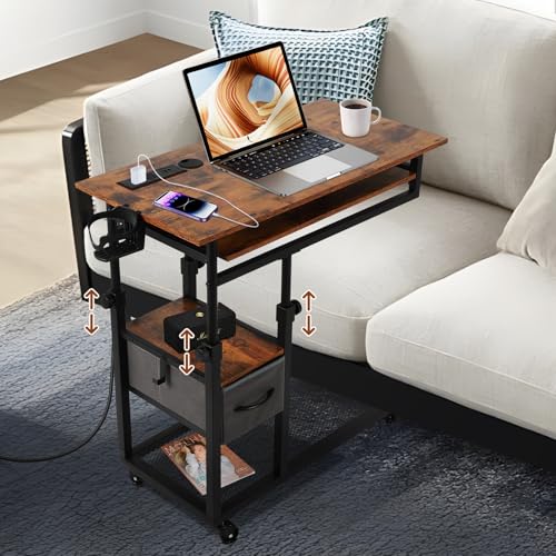 FAHKNS C Shaped End Table with Charging Station, Overbed Table Adjustable Height, Rolling Laptop Desk with Cup Holder, Computer Table on Wheels for Bedroom Living Room, Side Table with Keyboard Tray
