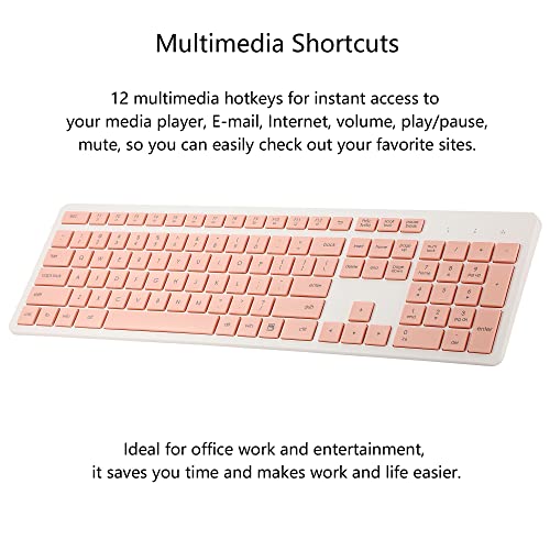 Wireless Keyboard and Mouse Combo, 2.4G Silent Cordless Keyboard Mouse Combo for Windows Chrome Laptop Computer PC Desktop, 106 Keys Full Size with Number Pad, 1600 DPI Optical Mouse (Pink)