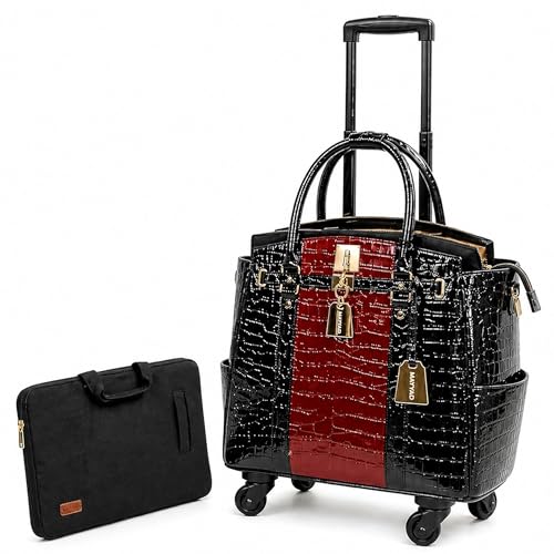 Rolling Laptop Bag for Women with Wheels & Handle Luxury Pure Leather Embossed Work Bag with Laptop Sleeve Travel Briefcase - color: Black & Red