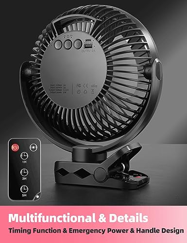 8'' Rechargeable Portable Hanging RV Tent Clip fan with Remote, 10000mAh Camping Fan, 3 Speed, Max 40 Hours Working Time, with LED light and Timer, 720°Rotation, as Emergency Power - Black - style: 8'' Rechargeable Camping Fan