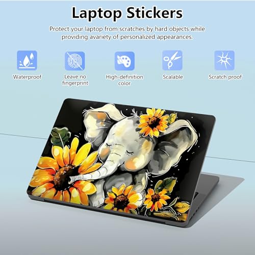 Universal Laptop Skin Sticker with 2 Wrist Pad Skins, Waterproof Scratch Resistant Vinyl Laptop Cover Decal, Cut to Fit for 11–15.6 Inch MacBook HP Dell Lenovo, Elephant Sunflower - color: Elephant Sunflower