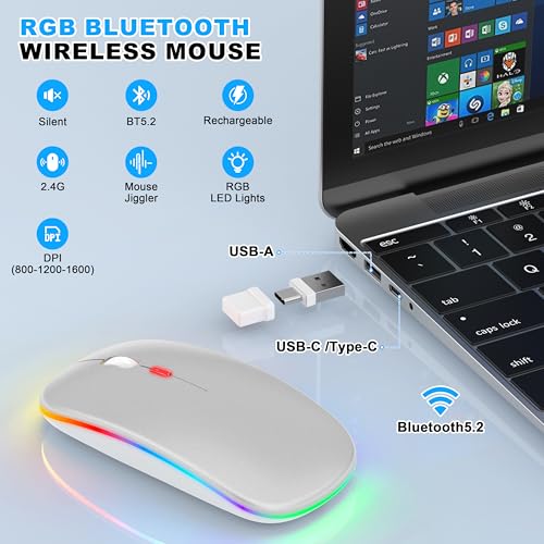 LED Bluetooth Wireless Mouse for MacBook Air Mac Pro Laptop iPad–Silver | Rechargeable Silent Light-Up Optical Mouse with Jiggler Dual Mode BT5.2 & USB-A/USB-C for Students Kids Girls Boys