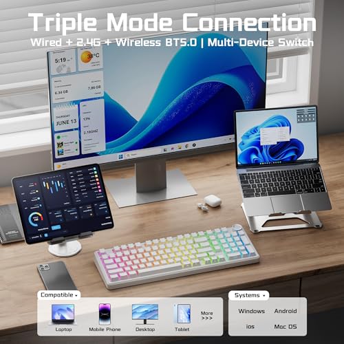 Aula F99 Pro Wireless Silent Mechanical Keyboard with Knob,Tri-Mode 2.4GHz/BT5.0/USB-C Hot Swappable,Pre-lubed Linear Switches RGB Backlit,Gasket Mounted,White PC Gaming Keyboard for Win/Mac - color: White