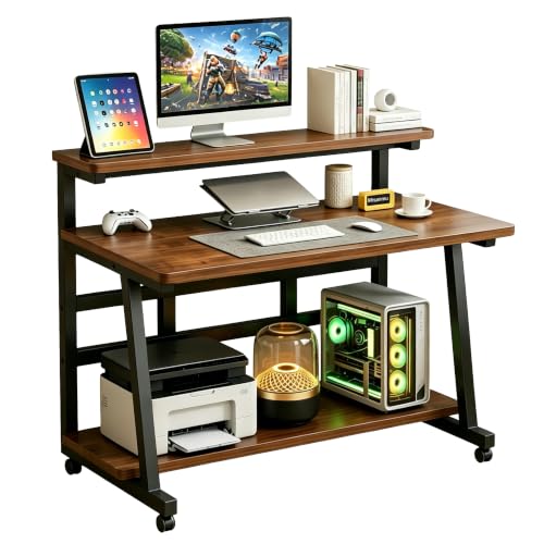Rolling Computer Desk, 39.4 Inch Small Desks For Small Space, Portable Small Computer Desk with Monitor Stand & 3-Tier Storage, Portable Desk on Wheels for Writing, Home Office, Small Desk for Bedroom - color: Frame：black/Board：rustic Brown, size: 39.4“*1