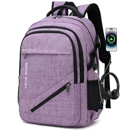 FENGDONG Large Laptop Backpack 17.3 inch Durable Waterproof Travel College Backpack Bookbag for Men & Women Business Backpack with USB Charging Port and Headset Port Light Purple - color: A2-light Purple