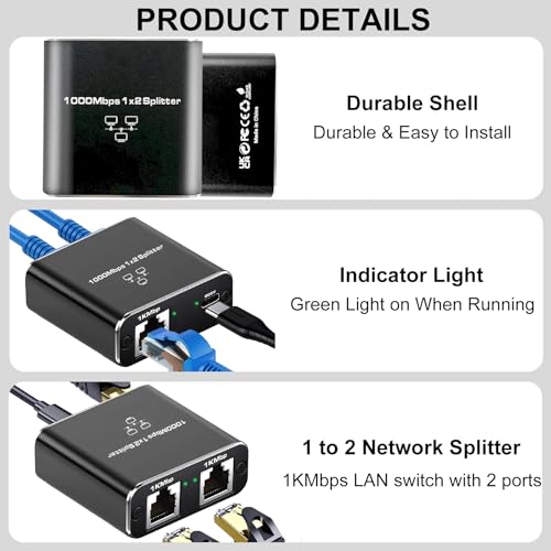 Ethernet Splitter 1 to 2 with 1.5Ft Cat 8 Ethernet Cables, 1000Mbps Internet Splitters High Speed with USB Power Cable,Gigabit LAN Splitter for Cat5/5e/6/7/8 Cable(2 Devices Simultaneously Networking) - style: 1to2 with cat 8