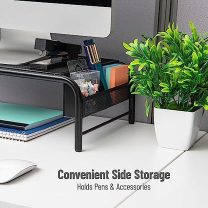 Mind Reader Monitor Stand, Ventilated Laptop Riser, Desktop Organizer, Side Storage, Metal Mesh, 20"L x 11.5"W x 5.5"H, Black - color: Black