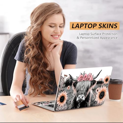 Laptop Skin Sticker for 12.1”-15.6“ Laptops (Fits 13”, 13.3”, 14”, 15”, 15.4”) | Protective Universal Reusable Vinyl Art Decal Cover | Waterproof & Scratch-Resistant-Highland Cow Floral - color: Highland Cow Floral