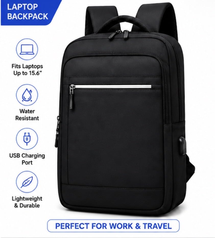 Modern Business Laptop Backpack with USB Charging Port, Black Water-Resistant Material, Front Zip Pocket, Minimalist Design