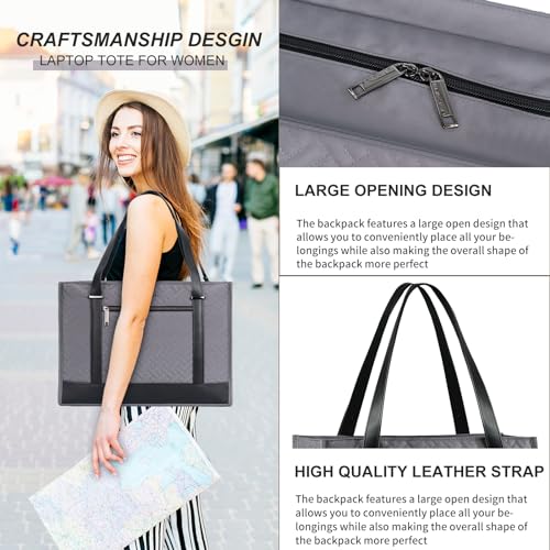 EMPSIGN Laptop Tote Bag for Women 16 Inch, Stylish Computer Shoulder Tote Bag for Work, Large Capacity Quilted Laptop Briefcase, Waterproof Women Business Office Bag, Quilted Grey - color: Quilted Dark Grey