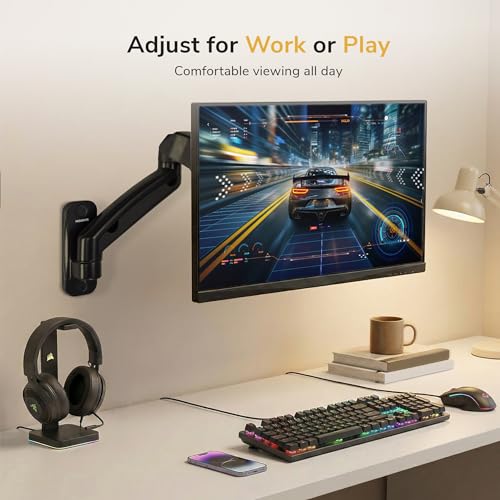 Mount-It! Monitor Wall Mount Arm, Full-Motion Gas Spring, Fits 13–32″ Screens up to 14.3 lbs, VESA 75x75 & 100x100, Tilt Swivel Rotate, Single-Stud Wall Mounted Computer Monitor Arm, RV Compatible