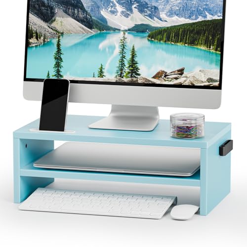 Marbrasse Monitor Stand Riser, 16.5 Inch 2 Tier Computer Printer Shelf Stand for Laptop Computer Screen Storage, Desktop Stand with Phone Holder and Cable Management (Blue) - color: Blue