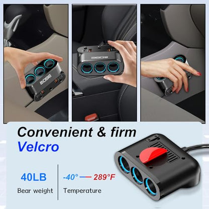 Cigarette Lighter Splitter Adapter 360W: Car 12v Splitter 3 Socket Car Charger Extension Triple USB C 36W and QC3.0 18W Ports 12 Volt Power Outlet DC with Button Switch LED Voltmeter 15A Fuse