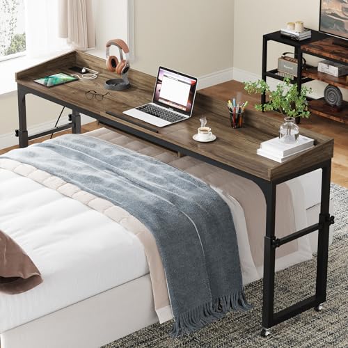 Tribesigns Height Adjustable Overbed Table with Wheels, Queen Size Over Bed Desk with Adjustable Tilt Stand, Mobile Laptop Cart Computer Desk with Outlets & USB Ports (Dark Gray) - color: Dark Gray