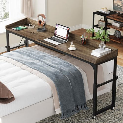 Tribesigns Height Adjustable Overbed Table with Wheels, Queen Size Over Bed Desk with Adjustable Tilt Stand, Mobile Laptop Cart Computer Desk with Outlets & USB Ports (Dark Gray) - color: Dark Gray