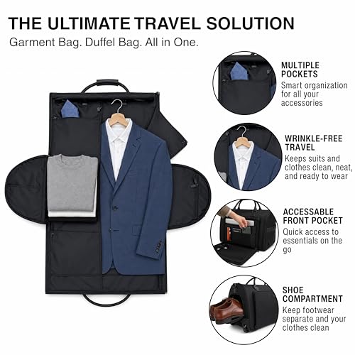 Rolling Garment Bag with Wheels, Carry On Garment Duffle Bag for Travel, Convertible Wheeled Suit Bag for Men, Wrinkle-Free Business Travel Luggage with Shoe Pocket & Retractable Handle