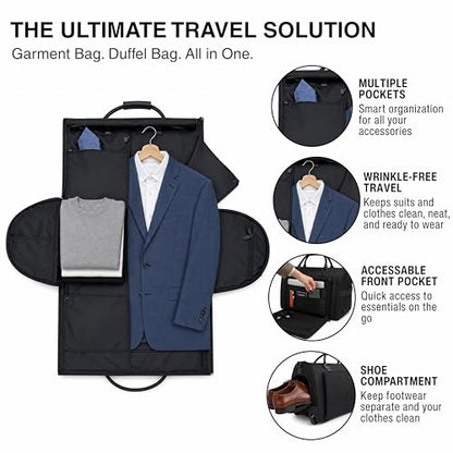 Rolling Garment Bag with Wheels, Carry On Garment Duffle Bag for Travel, Convertible Wheeled Suit Bag for Men, Wrinkle-Free Business Travel Luggage with Shoe Pocket & Retractable Handle