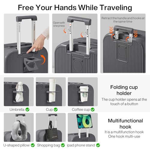mixi Checked Luggage with Cup Phone Holder Hard Shell Rolling Travel Suitcase with Spinner Wheels,26 Inch Rock Grey - color: Rock Gray, size: 26-inch