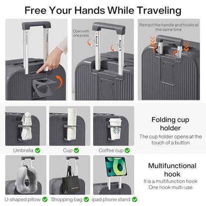 mixi Checked Luggage with Cup Phone Holder Hard Shell Rolling Travel Suitcase with Spinner Wheels,26 Inch Rock Grey - color: Rock Gray, size: 26-inch