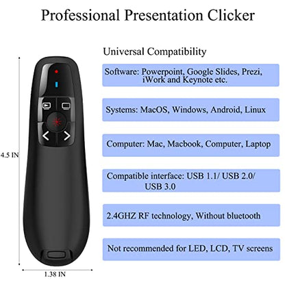 Wireless Presentation Clicker for Google Slides: 100ft Range | Ultra-Bright 656ft Red Pointer | Battery Powered - Plug & Play USB Presenter Remote with Volume & Black Screen for Mac Win PPT Keynote