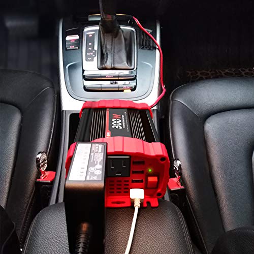BYGD 300W Car Power Inverter, DC 12V to 110V AC Vehicle Plug Adapter Converter with 4 USB Quick Charging Ports and Dual AC Outlets Car Charger Equipped Cigarette Lighter Cable and Battery Clamps Red - size: 300W