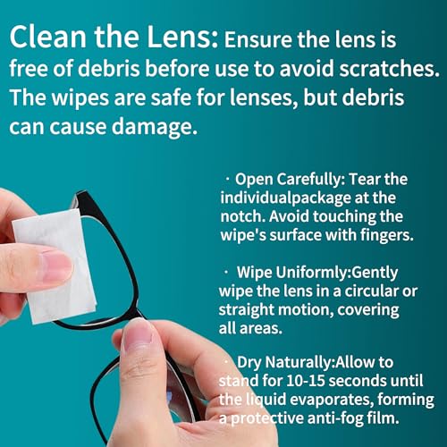 Anti-Fog Lens Wipes for Glasses, 100 Count, Individually Wrapped, Pre-Moistened, Large 4.7 x 4.7 Inch Sheets for Eyeglasses, Sunglasses, Screens, Camera Lenses