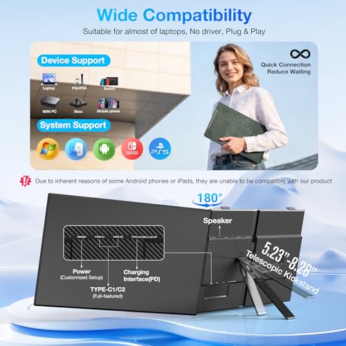 Laptop Screen Extender, Ultra-Thin 15.6" FHD 1200P 16:10 Portable Monitor for Laptop, Lightweight Dual Monitor Extender Plug & Play for 14.2"-17.3" Laptops, Compatible with Wins/Mac/Chrome/Linux - size: 15.3"-D