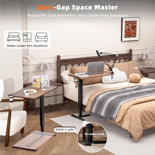 Overbed Table with Wheels, Adjustable Medical Bedside Table, Wood | Alloy steel frame, rubber wood top, cup holder & phone stand, hook, H-base, hydraulic 25.6-37.1", quiet casters, easy-clean - color: Wood Color