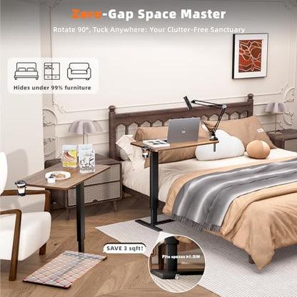 Overbed Table with Wheels, Adjustable Medical Bedside Table, Wood | Alloy steel frame, rubber wood top, cup holder & phone stand, hook, H-base, hydraulic 25.6-37.1", quiet casters, easy-clean - color: Wood Color