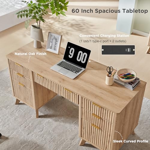 T4TREAM Fluted Executive Desk with Drawers, 60" Modern Home Office Computer Desk with Charging Station, File Cabinet, Keyboard Tray and Storage Cabinet for Study, Living Room, Bedroom, Natural Oak - color: Natural Oak
