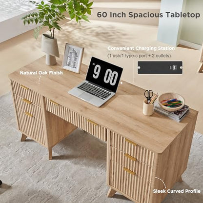 T4TREAM Fluted Executive Desk with Drawers, 60" Modern Home Office Computer Desk with Charging Station, File Cabinet, Keyboard Tray and Storage Cabinet for Study, Living Room, Bedroom, Natural Oak - color: Natural Oak
